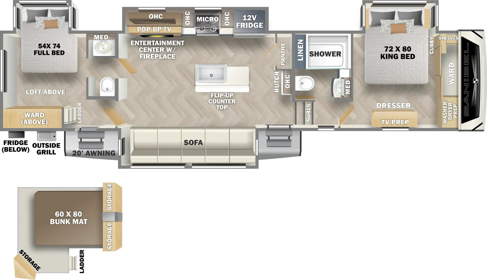 The Sanibel 3602DSWB has two entries and four slide outs. Exterior features include: fiberglass exterior, 20' awning and outside kitchen. Interiors features include: loft, kitchen island, front bedroom, rear bedroom and two bedrooms.